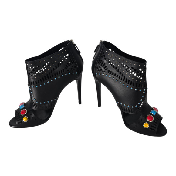 Gucci Lika Laser Cut Black Leather Jewel Studded Heeled Open Toe Booties 40 - Picture 5 of 15